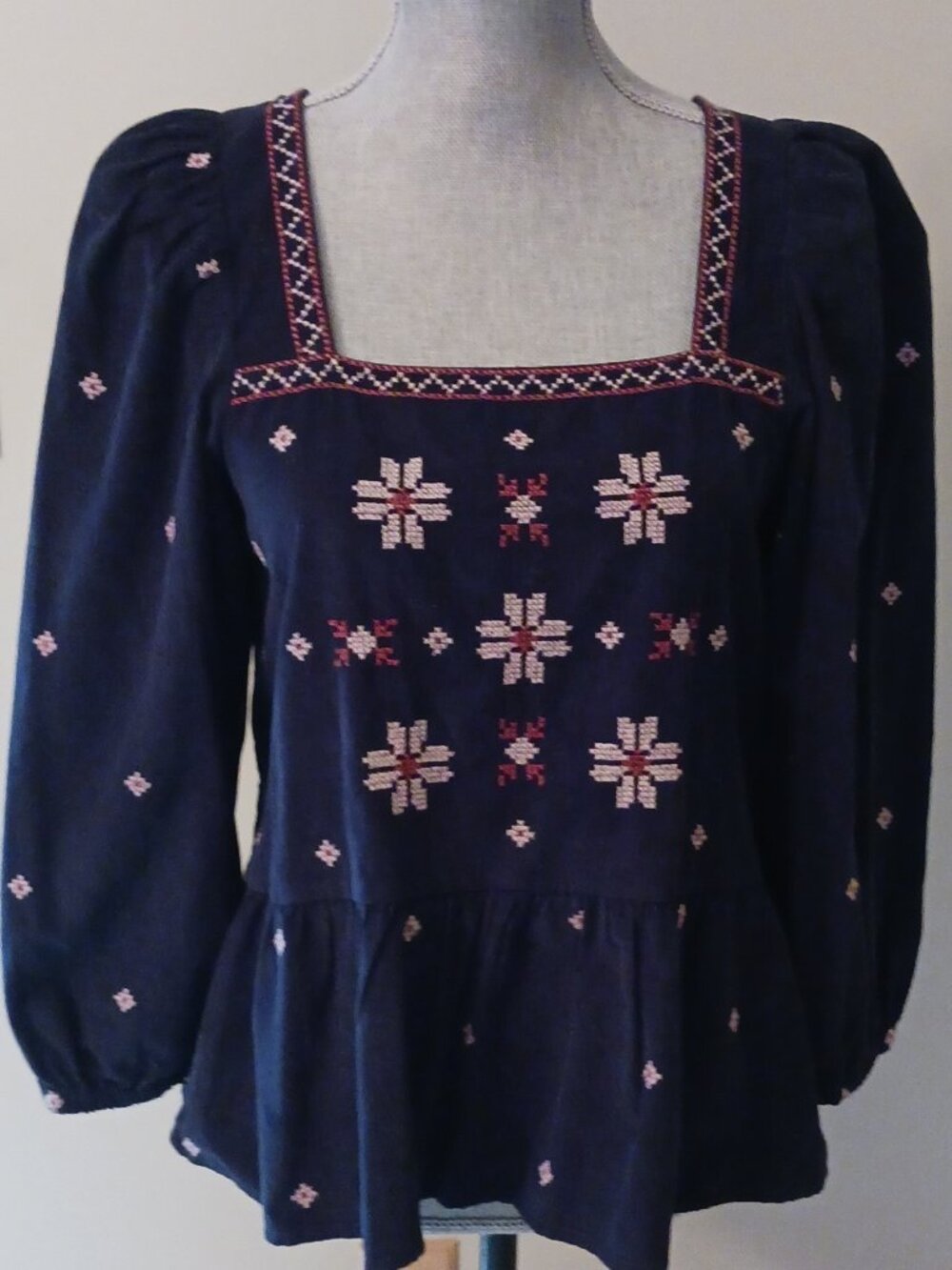Madewell Embroidered Corduroy Button-back peplum top